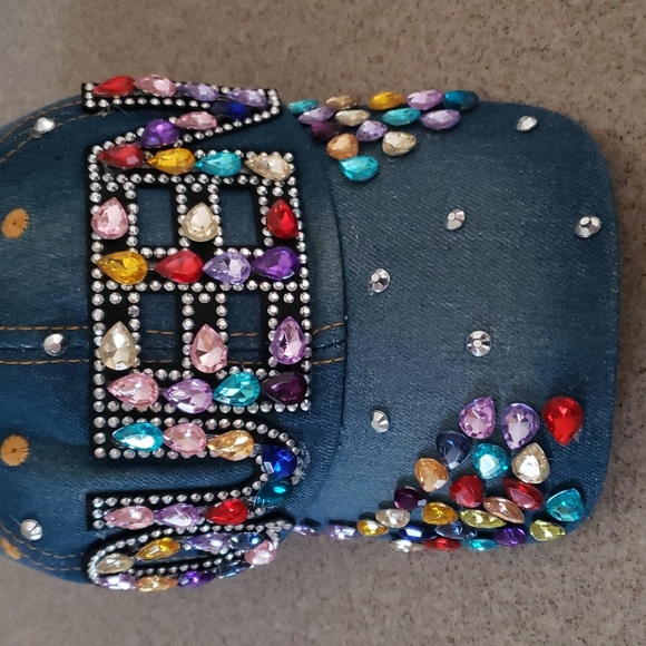 Blinged Blue Denim  Multi-Colored Rhinestone "Queen" Cap - Picture 4 of 7